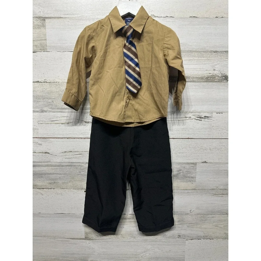 Jonathan Strong 3pc Suit Set Boys 24M Tan Black Striped‎ Tie EUC